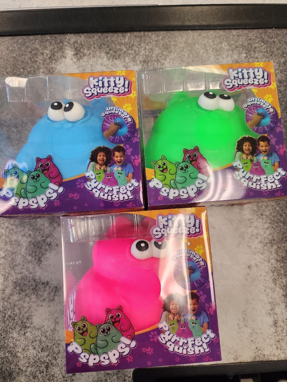 Squeeze Kitty Squeeze! Squishy Plush Toy - Blue, Green, Pink
